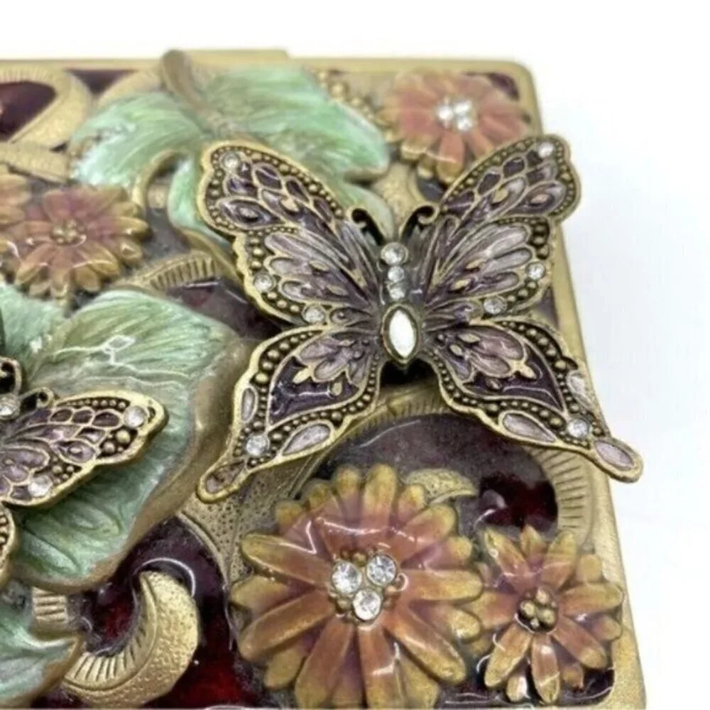 Vintage Floral Butterfly Enamel Rhinestone Jewelled Trinket Box